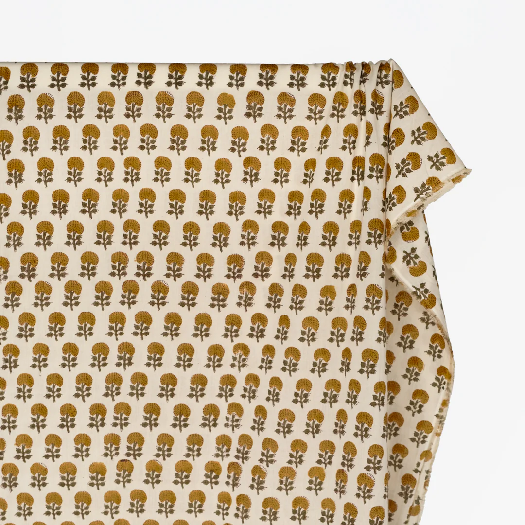 Bloom Block Printed Organic Cotton Batiste - Cream/Ochre/Kale - Image 3