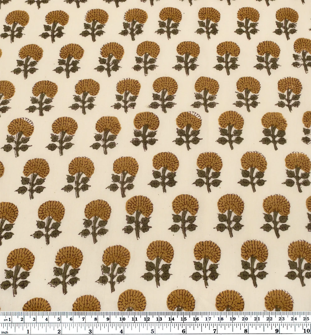 Bloom Block Printed Organic Cotton Batiste - Cream/Ochre/Kale - Image 4