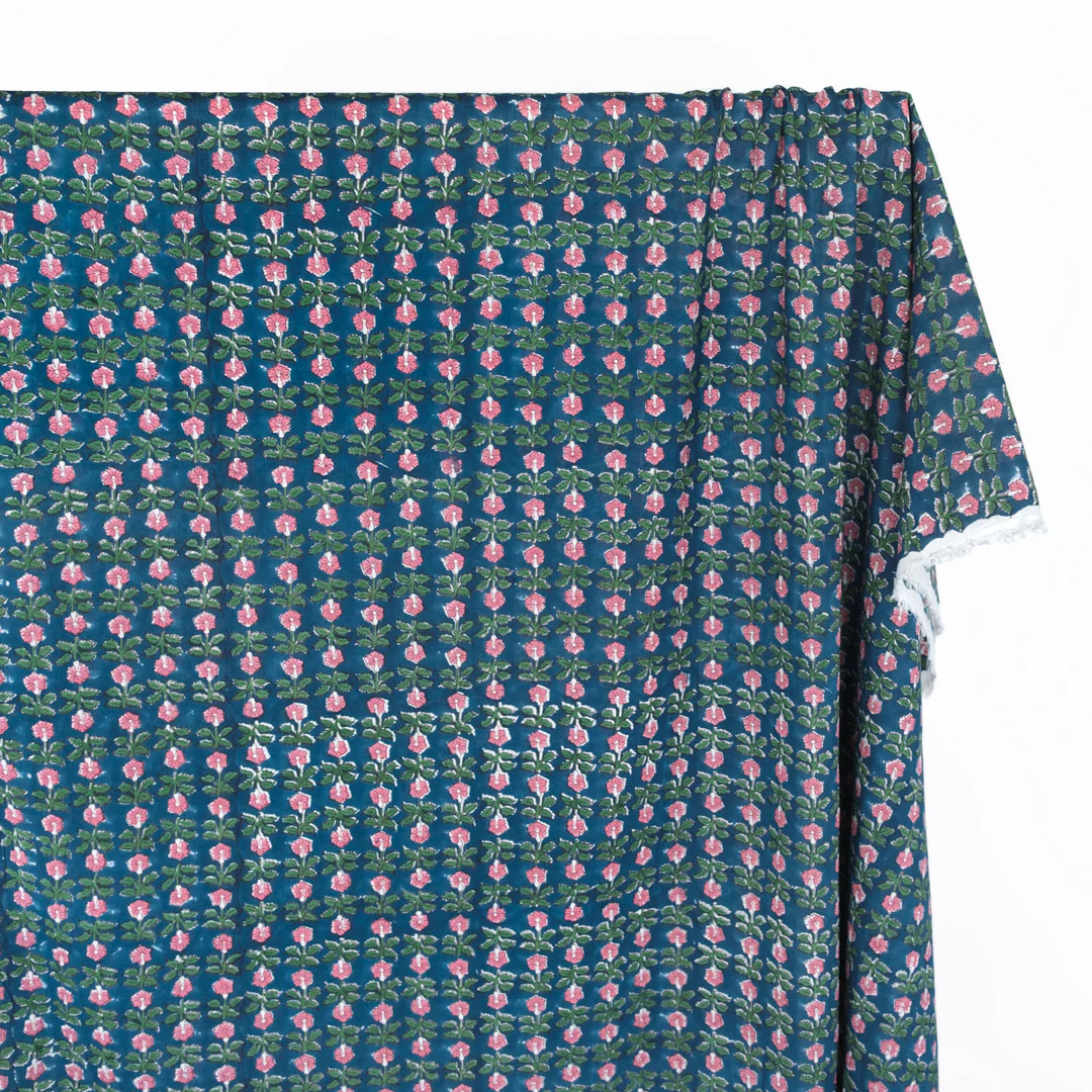Bloom Block Printed Organic Cotton Batiste - Deep Ocean/Grass/Rose - Image 2