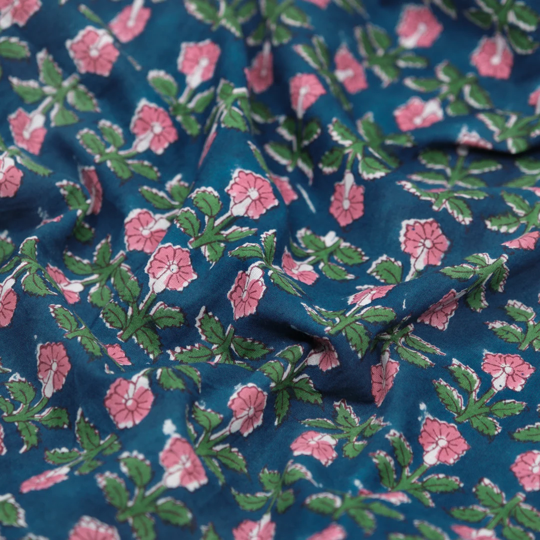 Bloom Block Printed Organic Cotton Batiste - Deep Ocean/Grass/Rose - Image 3