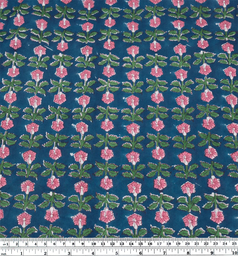 Bloom Block Printed Organic Cotton Batiste - Deep Ocean/Grass/Rose - Image 4