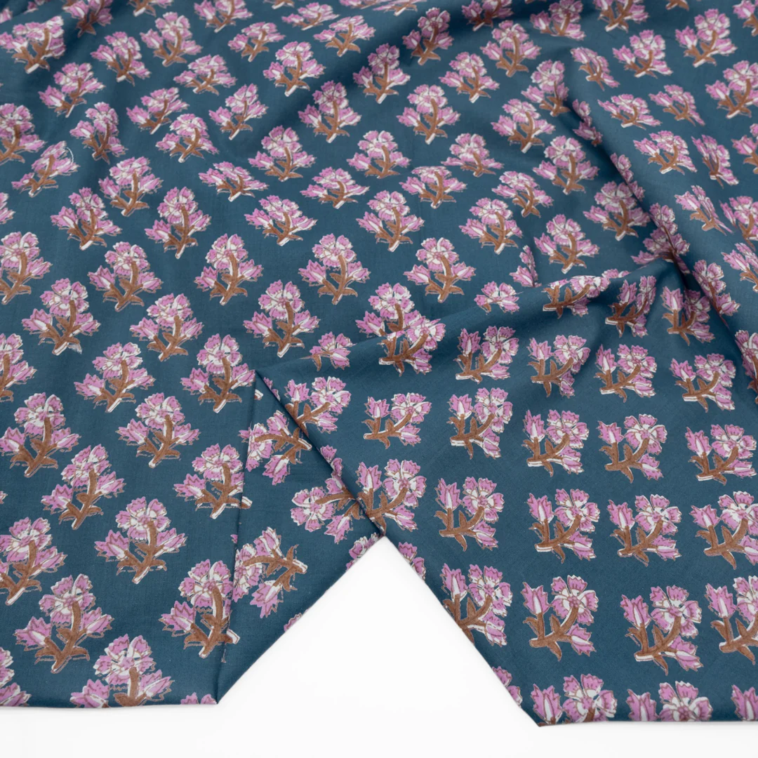 Bloom Block Printed Organic Cotton Batiste - Denim/Dahlia