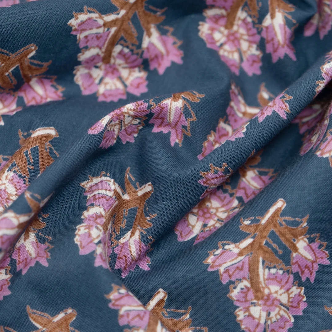 Bloom Block Printed Organic Cotton Batiste - Denim/Dahlia - Image 2