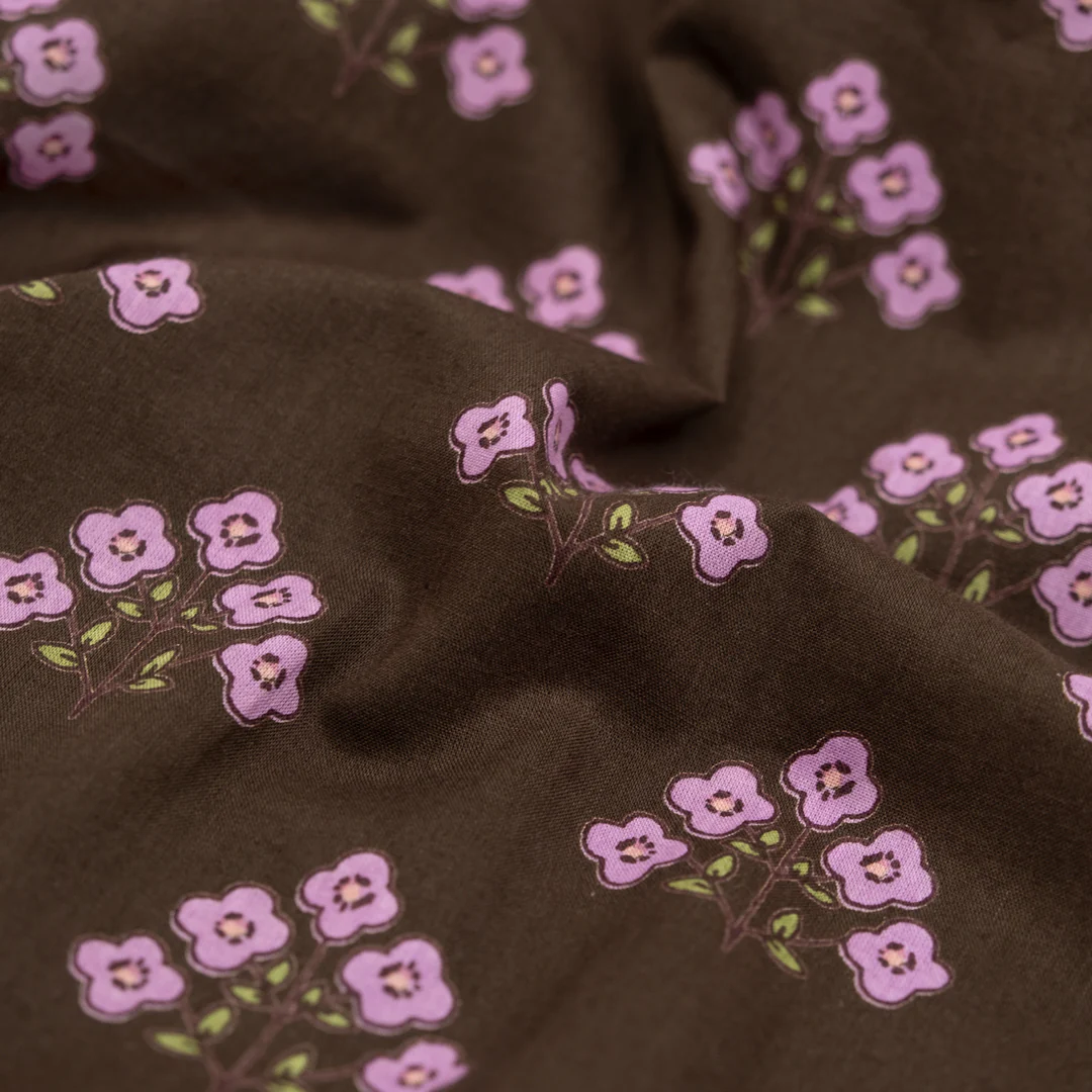 Bloom Block Printed Organic Cotton Batiste - Espresso/Lilac/Avocado