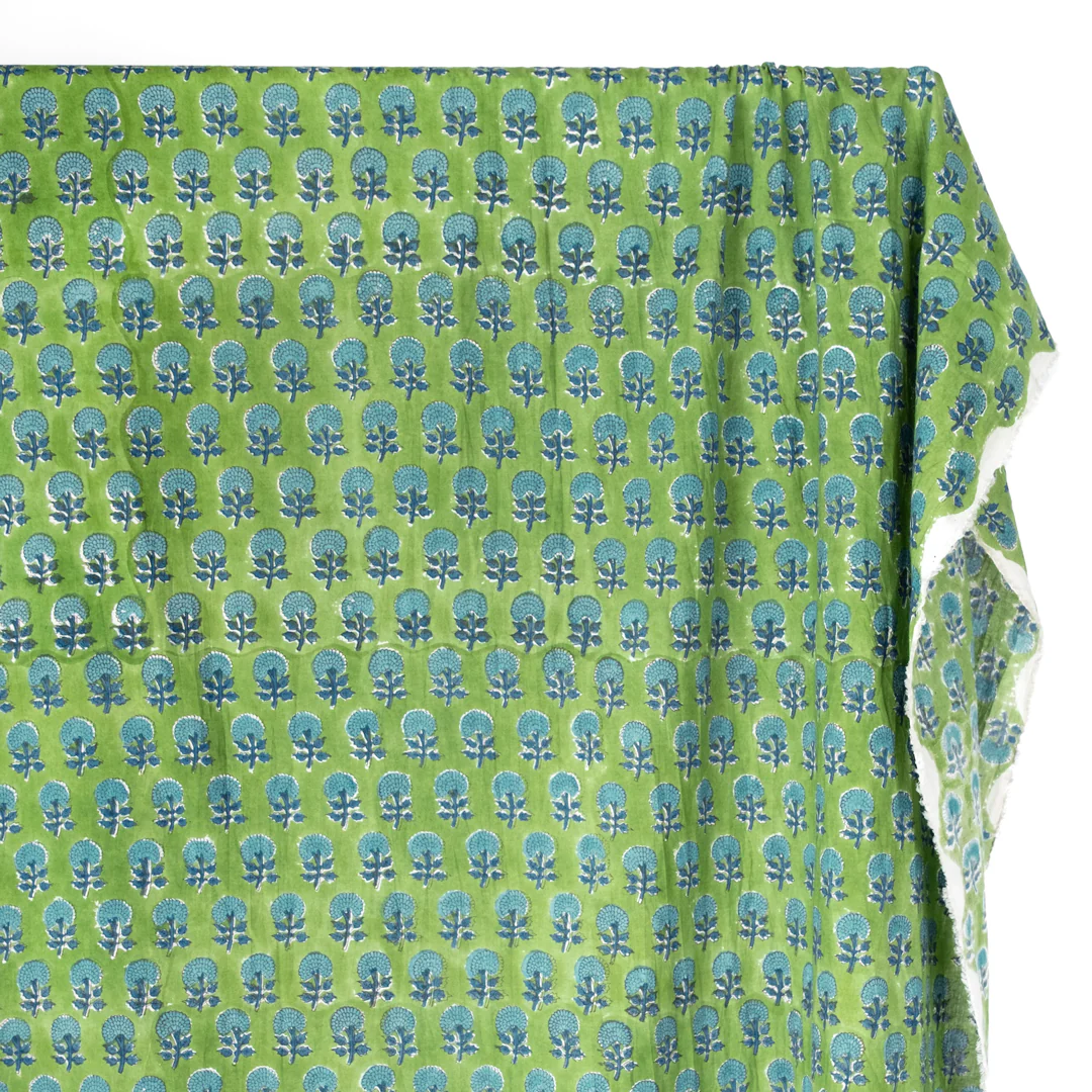 Bloom Block Printed Organic Cotton Batiste - Grass/Aqua - Image 2