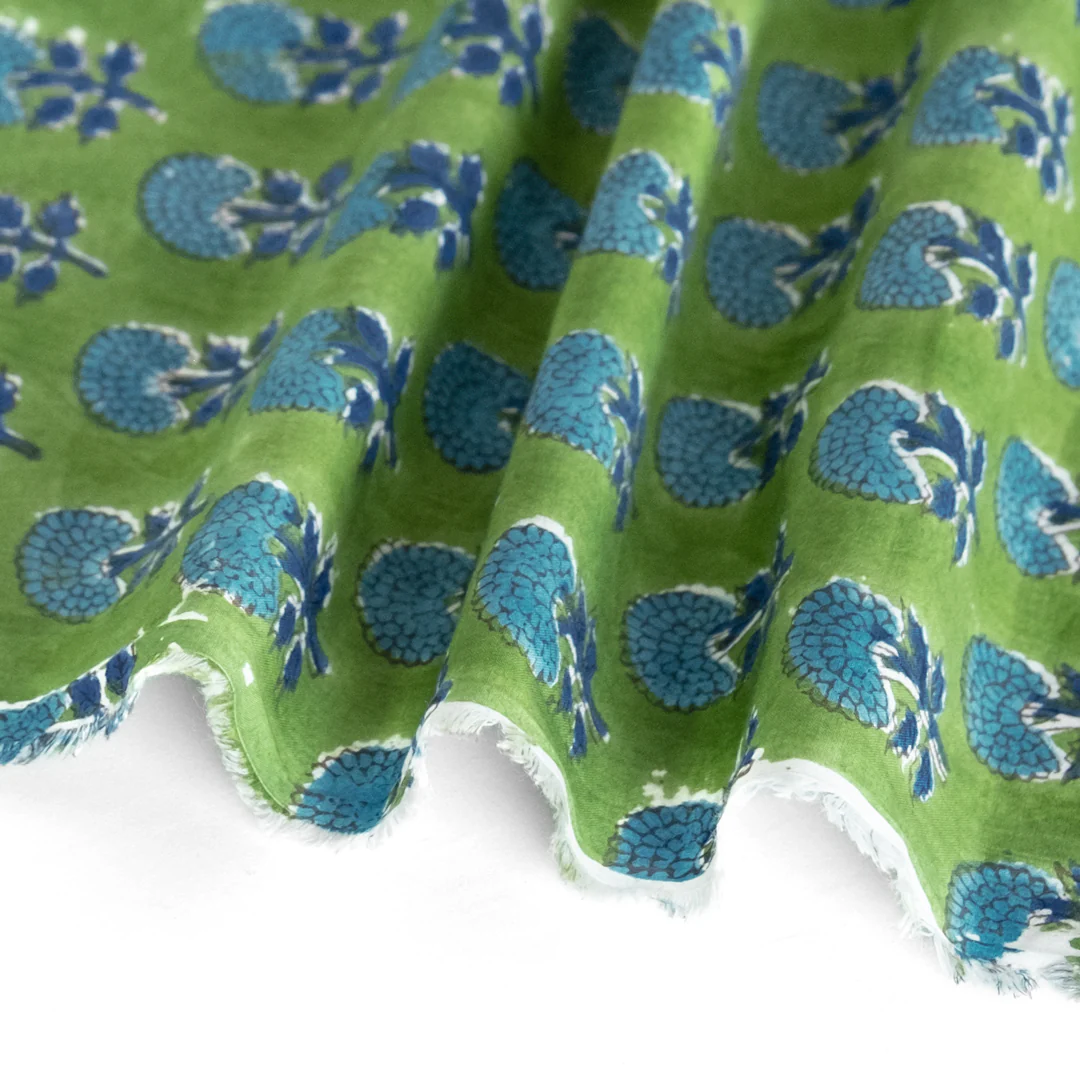 Bloom Block Printed Organic Cotton Batiste - Grass/Aqua - Image 3
