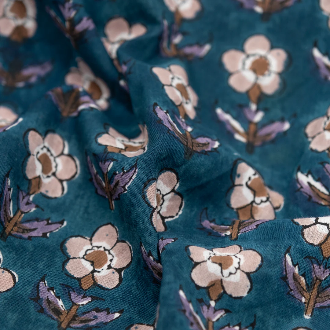 Bloom Block Printed Organic Cotton Batiste - Harbour/Fawn/Nutmeg