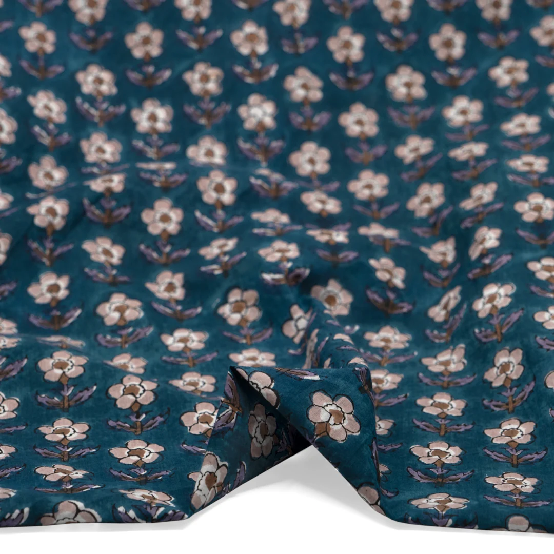Bloom Block Printed Organic Cotton Batiste - Harbour/Fawn/Nutmeg - Image 2
