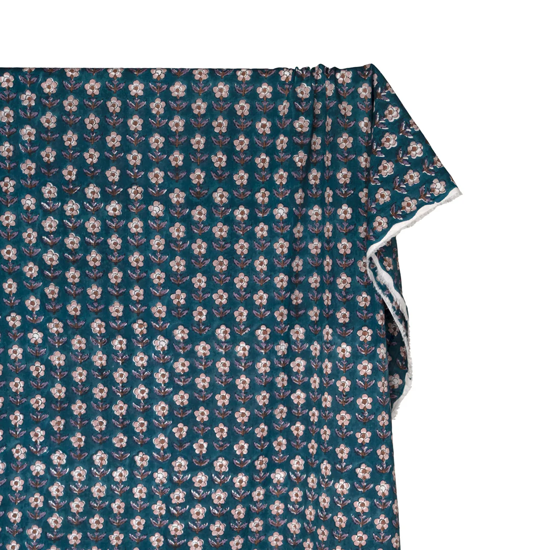 Bloom Block Printed Organic Cotton Batiste - Harbour/Fawn/Nutmeg - Image 3