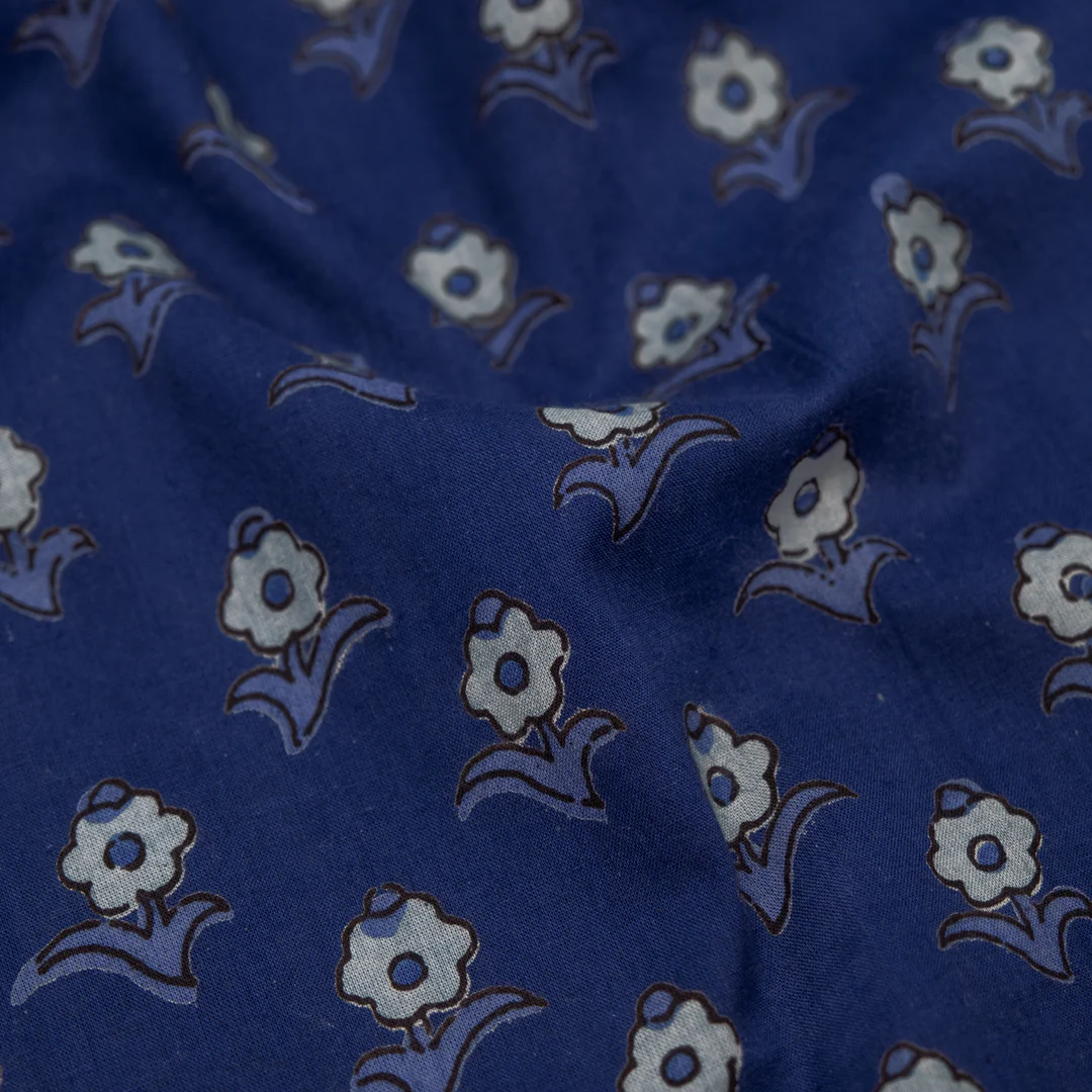 Bloom Block Printed Organic Cotton Batiste - Indigo/Bluestone/Mist
