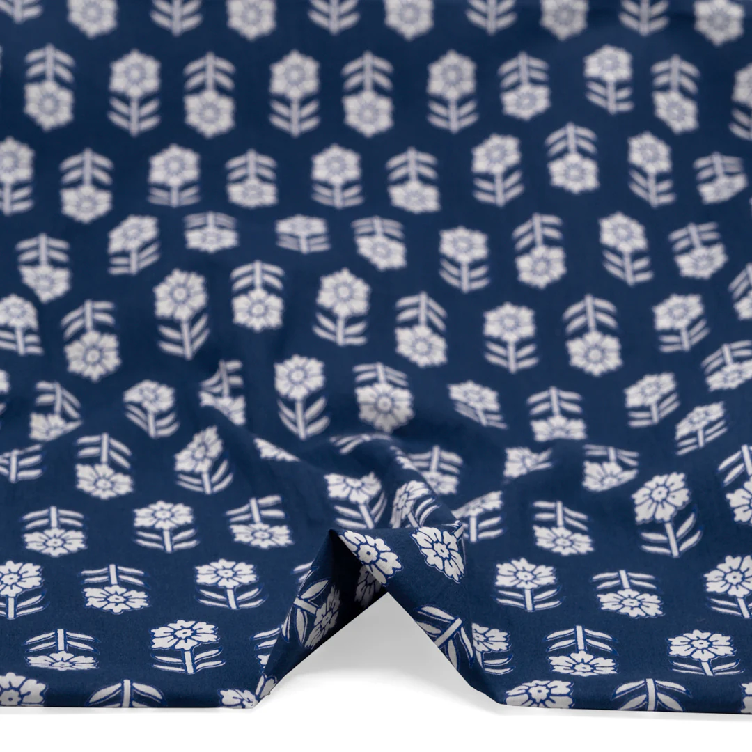 Bloom Block Printed Organic Cotton Batiste - Indigo/White - Image 2
