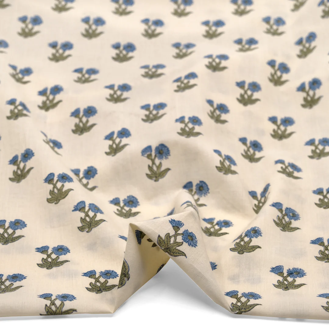Bloom Block Printed Organic Cotton Batiste - Ivory/Thyme/Pacific - Image 2