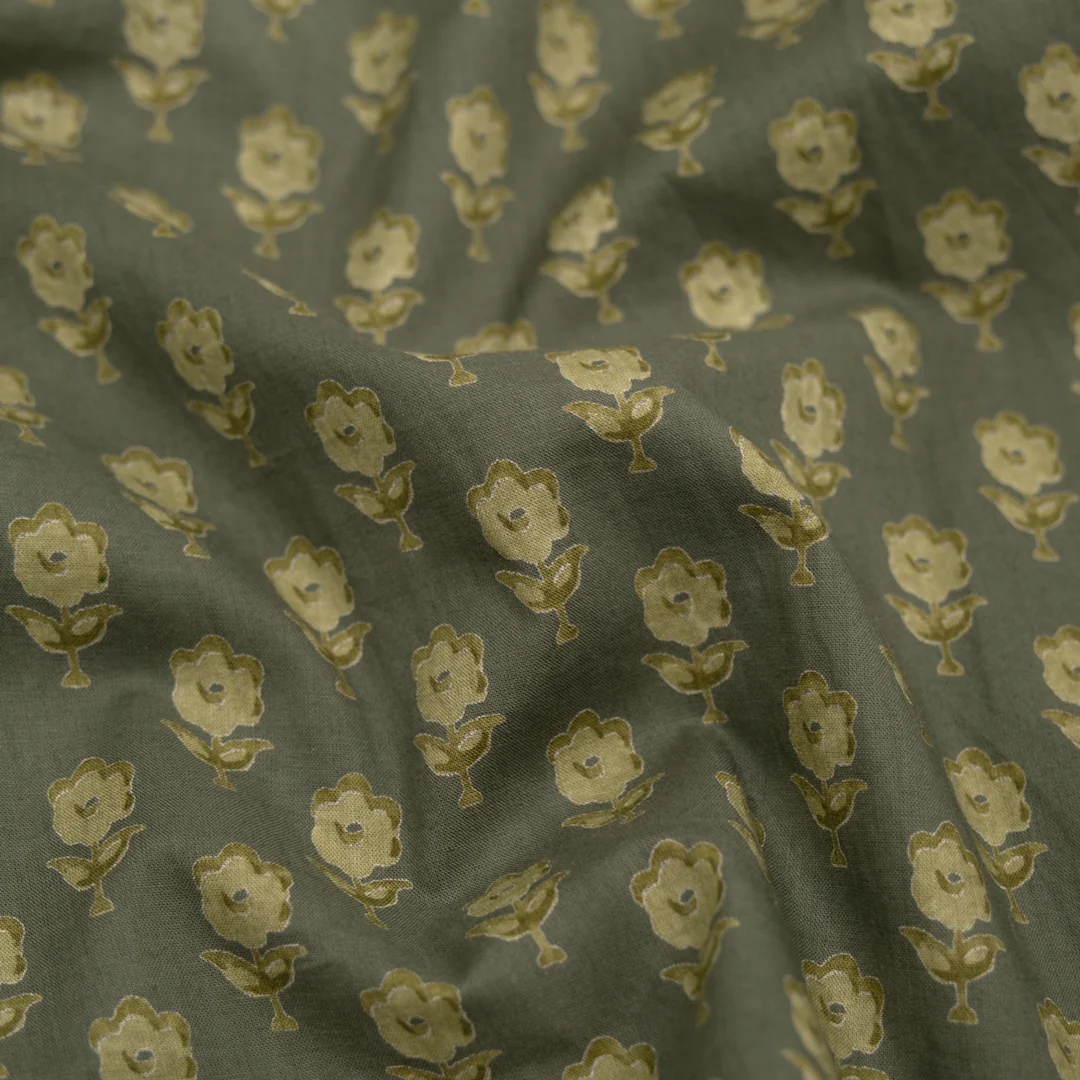 Bloom Block Printed Organic Cotton Batiste - Khaki/Cactus
