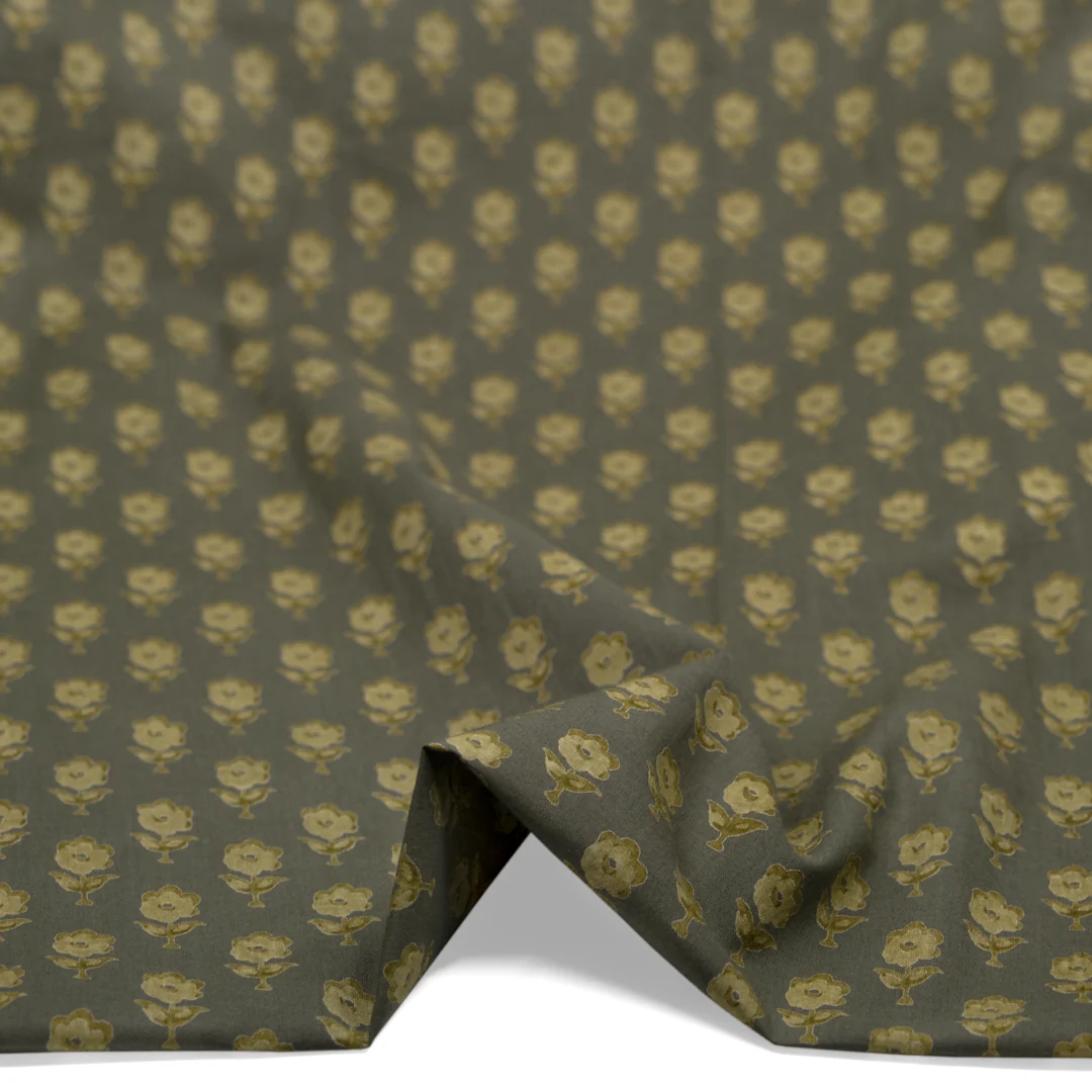 Bloom Block Printed Organic Cotton Batiste - Khaki/Cactus - Image 2