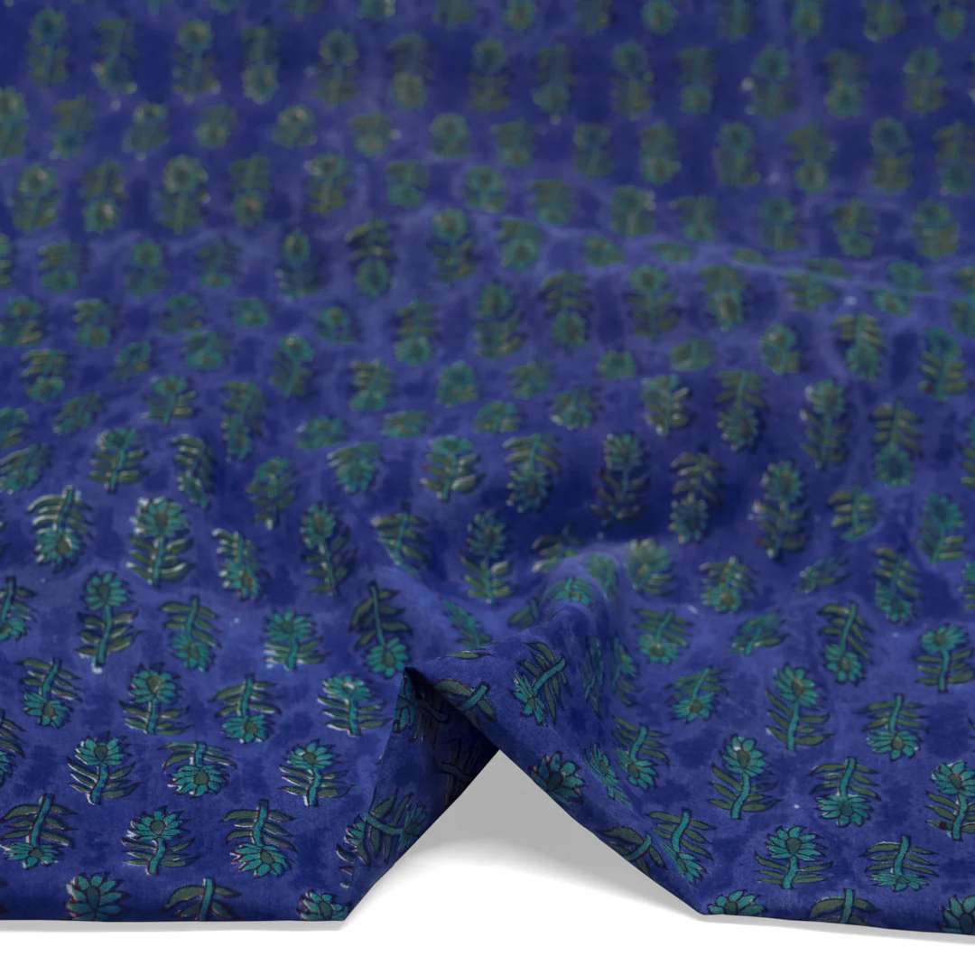 Bloom Block Printed Organic Cotton Batiste - Lapis/Waterfall/Pine - Image 2