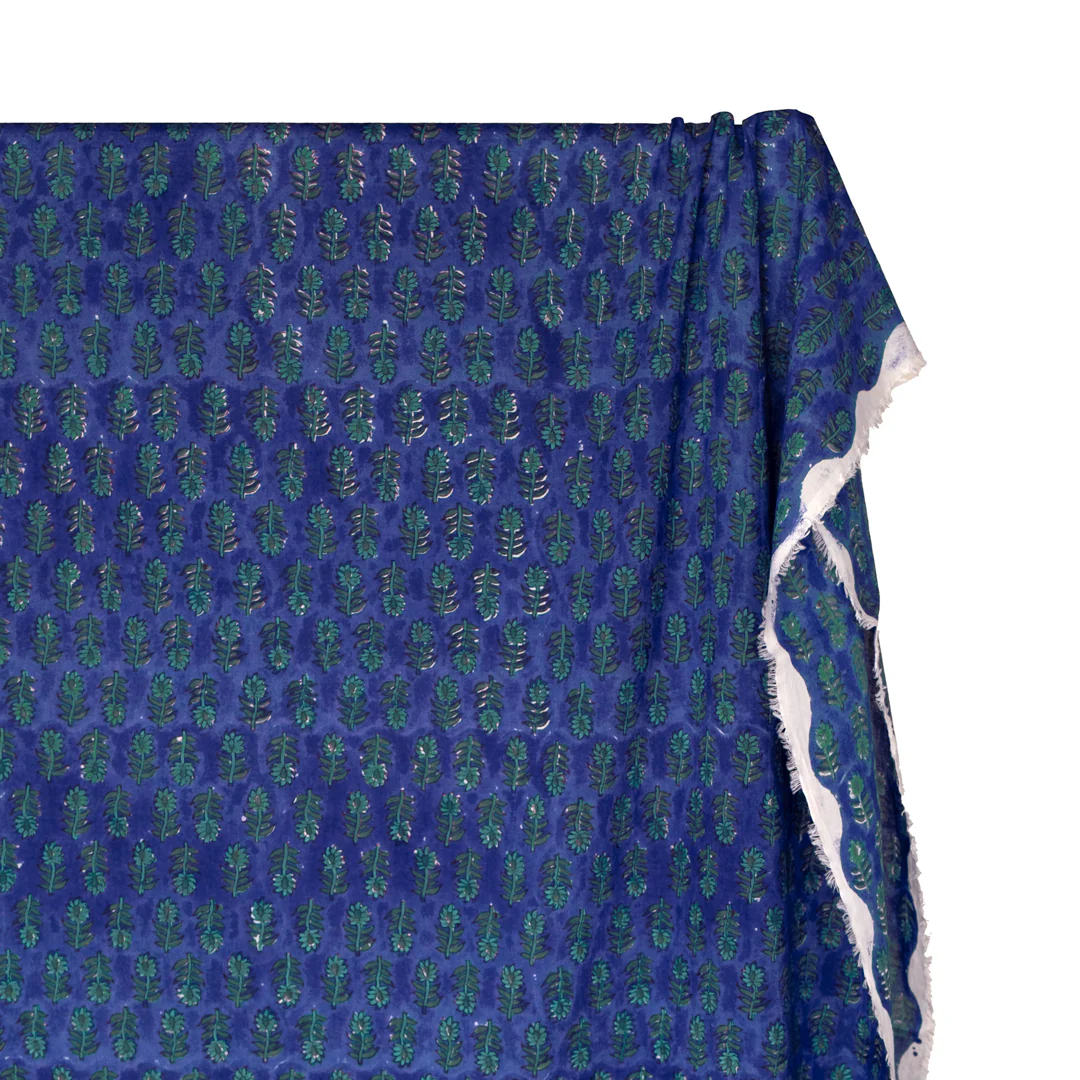 Bloom Block Printed Organic Cotton Batiste - Lapis/Waterfall/Pine - Image 4