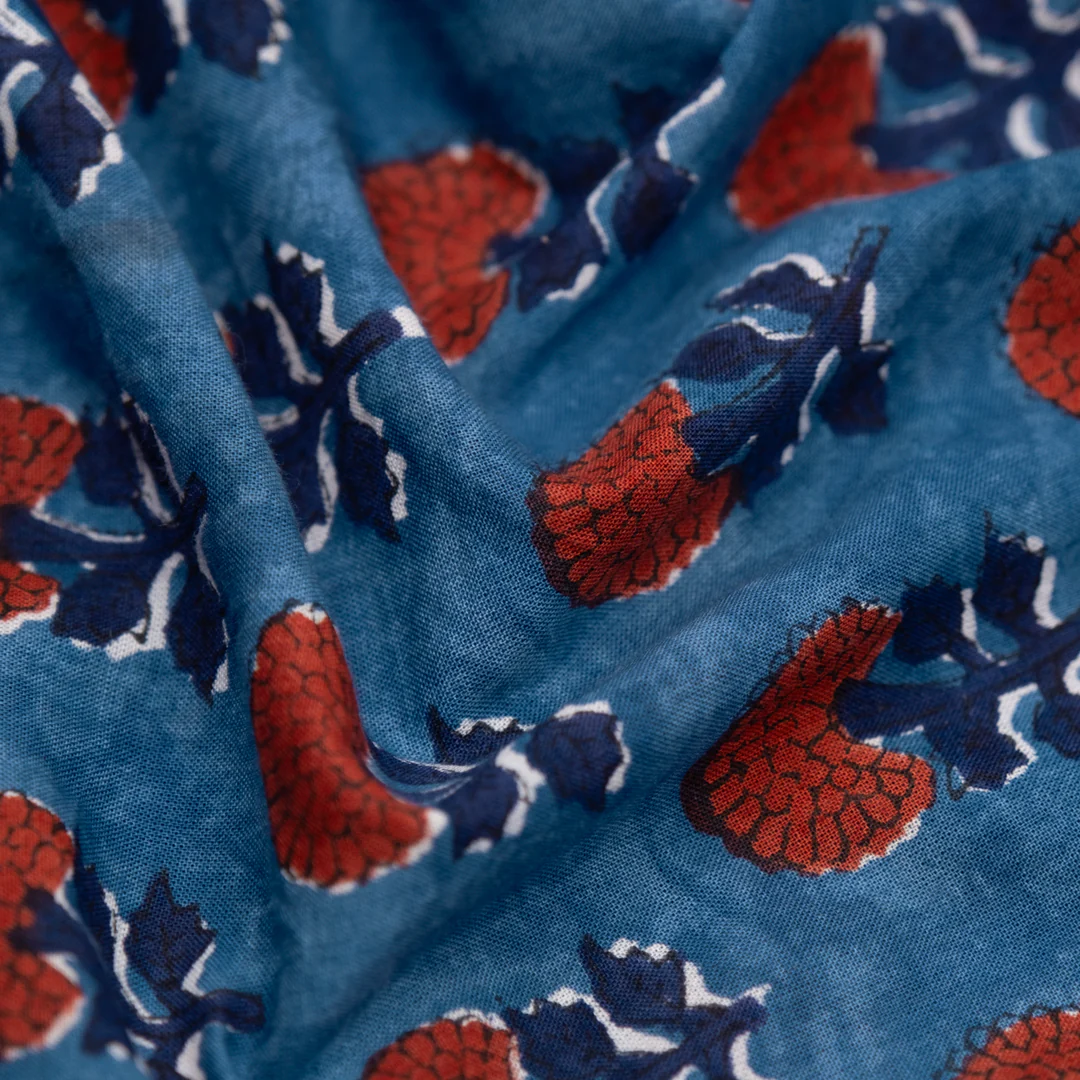 Bloom Block Printed Organic Cotton Batiste - Ocean/Spice