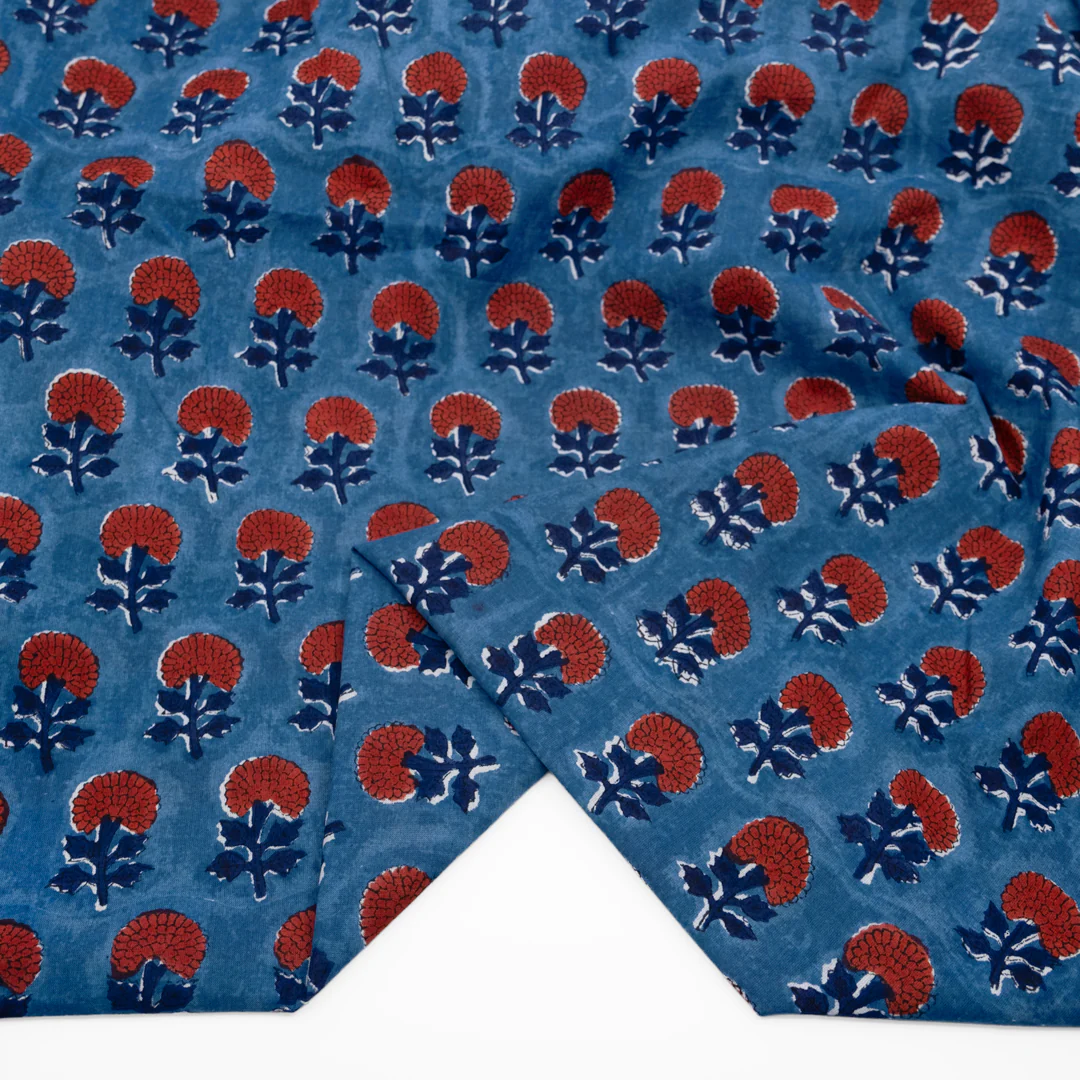 Bloom Block Printed Organic Cotton Batiste - Ocean/Spice - Image 2