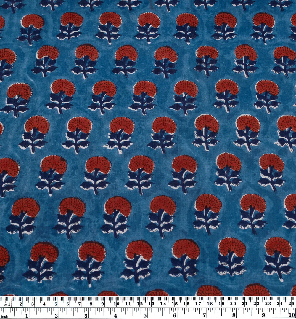 Bloom Block Printed Organic Cotton Batiste - Ocean/Spice - Image 3