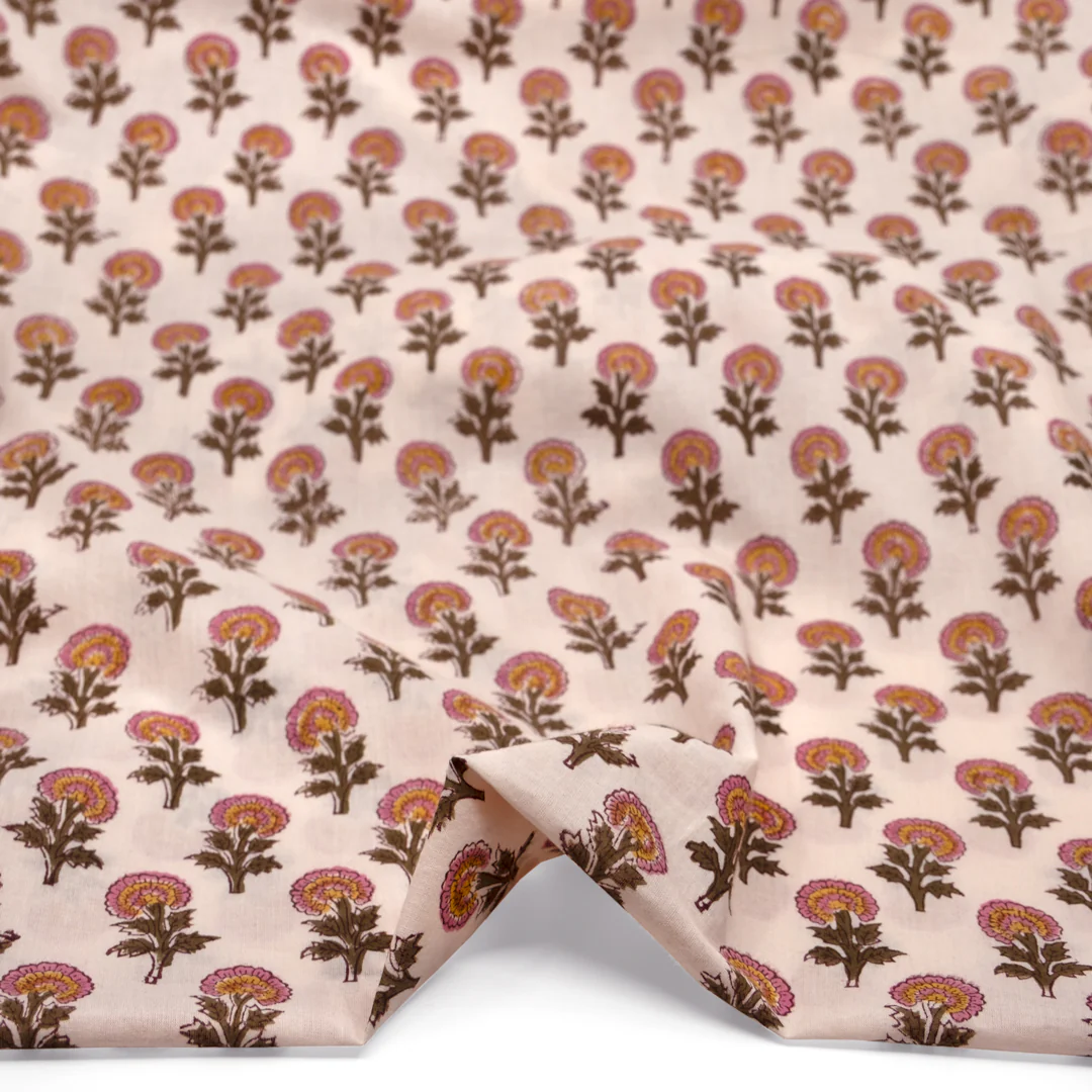 Bloom Block Printed Organic Cotton Batiste - Pale Pink/Candy Pink/Khaki - Image 2