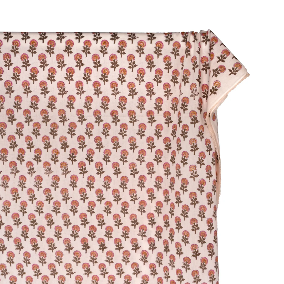 Bloom Block Printed Organic Cotton Batiste - Pale Pink/Candy Pink/Khaki - Image 3