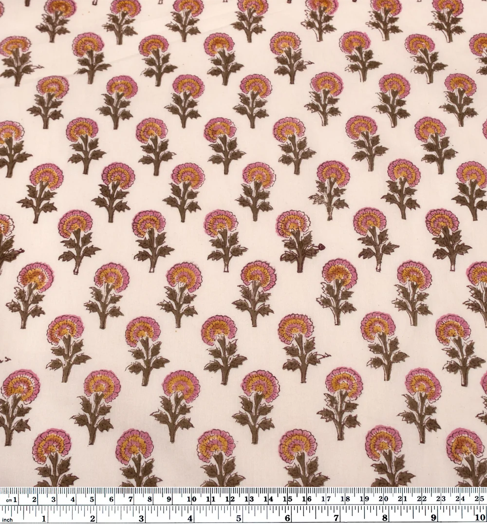 Bloom Block Printed Organic Cotton Batiste - Pale Pink/Candy Pink/Khaki - Image 4