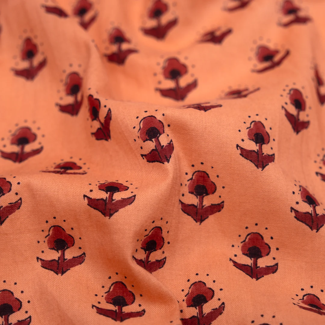 Bloom Block Printed Organic Cotton Batiste - Papaya/Burgundy
