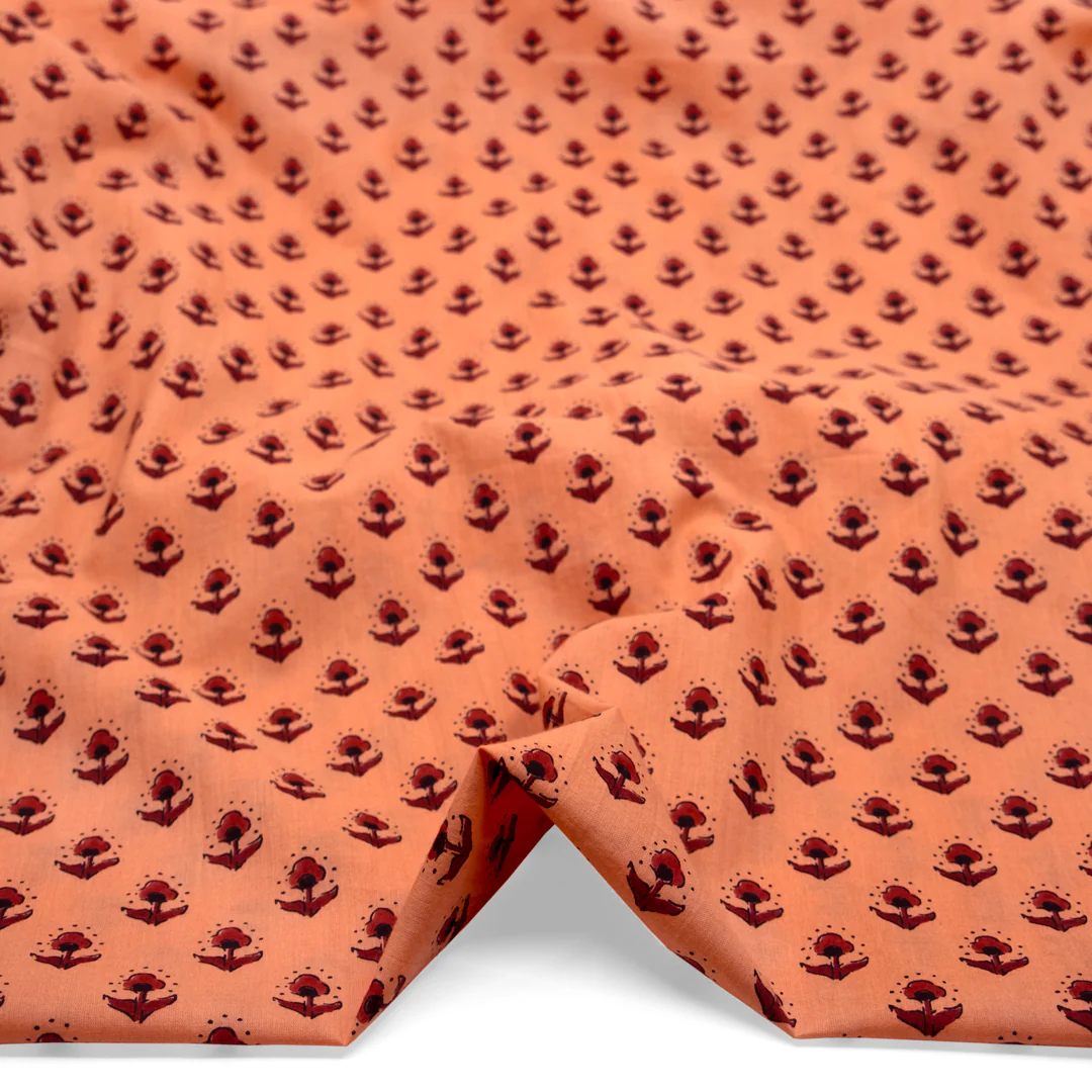 Bloom Block Printed Organic Cotton Batiste - Papaya/Burgundy - Image 2