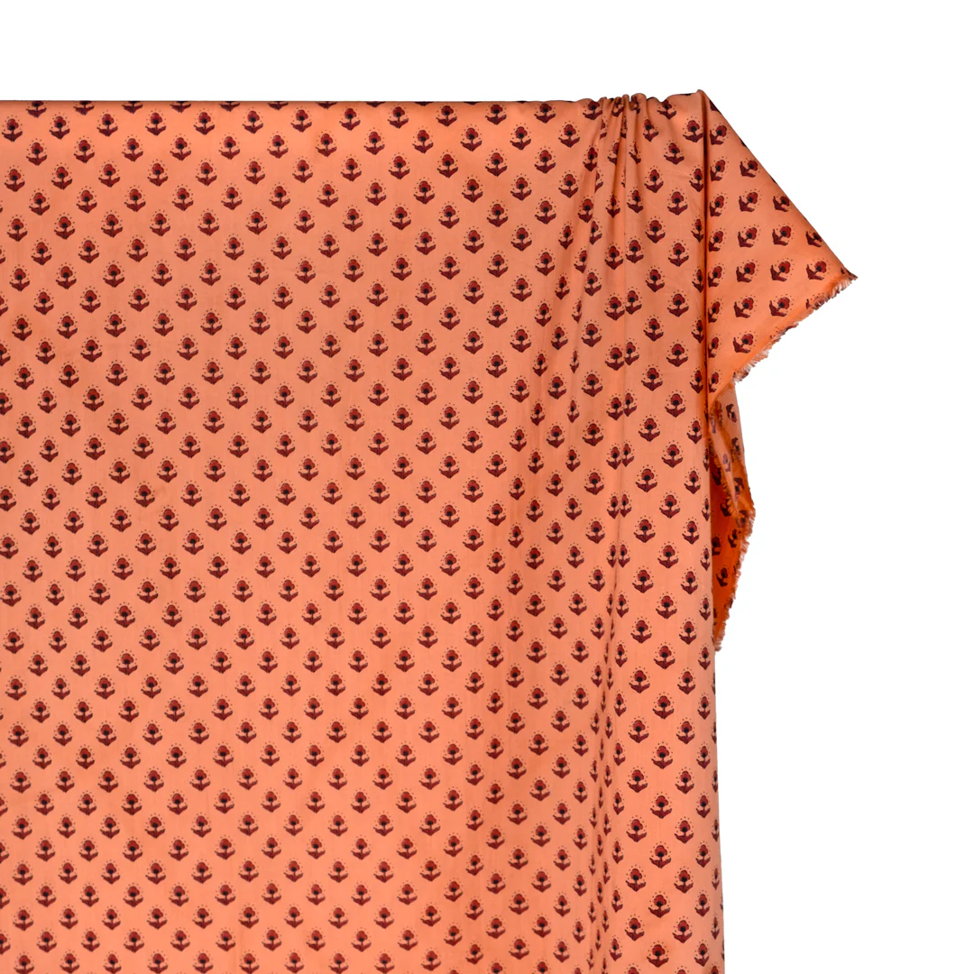 Bloom Block Printed Organic Cotton Batiste - Papaya/Burgundy - Image 3