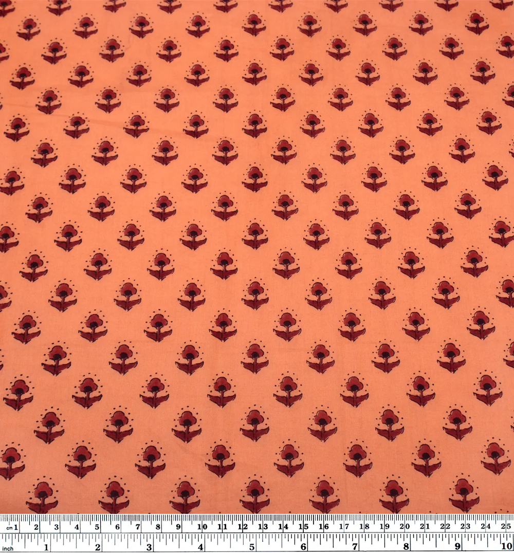 Bloom Block Printed Organic Cotton Batiste - Papaya/Burgundy - Image 4