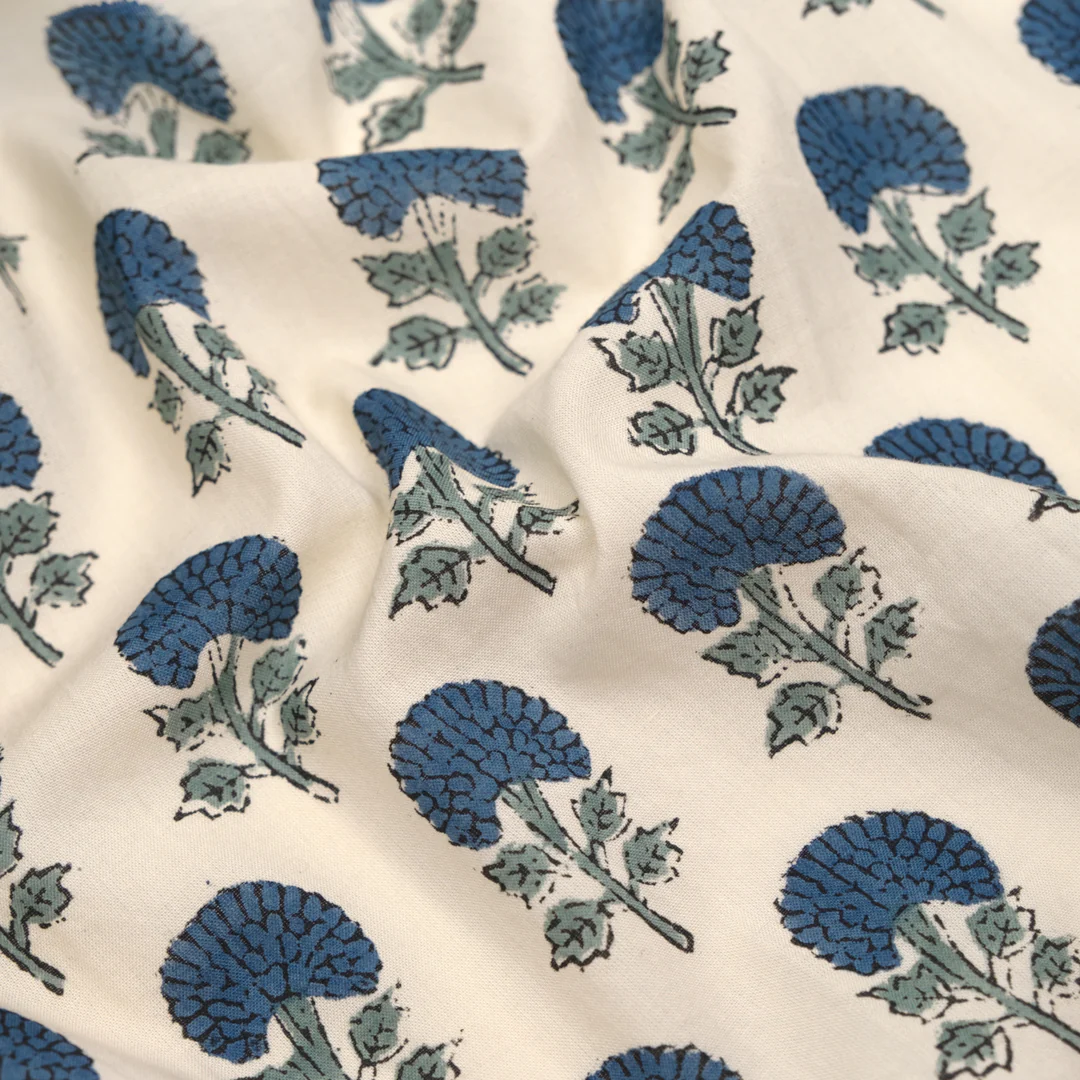 Bloom Block Printed Organic Cotton Batiste - Parchment/Ocean/Dusty Jade