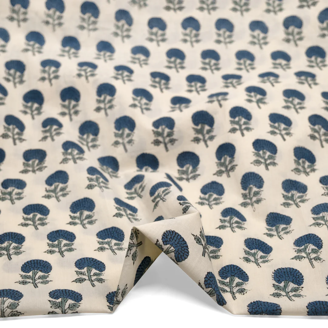 Bloom Block Printed Organic Cotton Batiste - Parchment/Ocean/Dusty Jade - Image 2