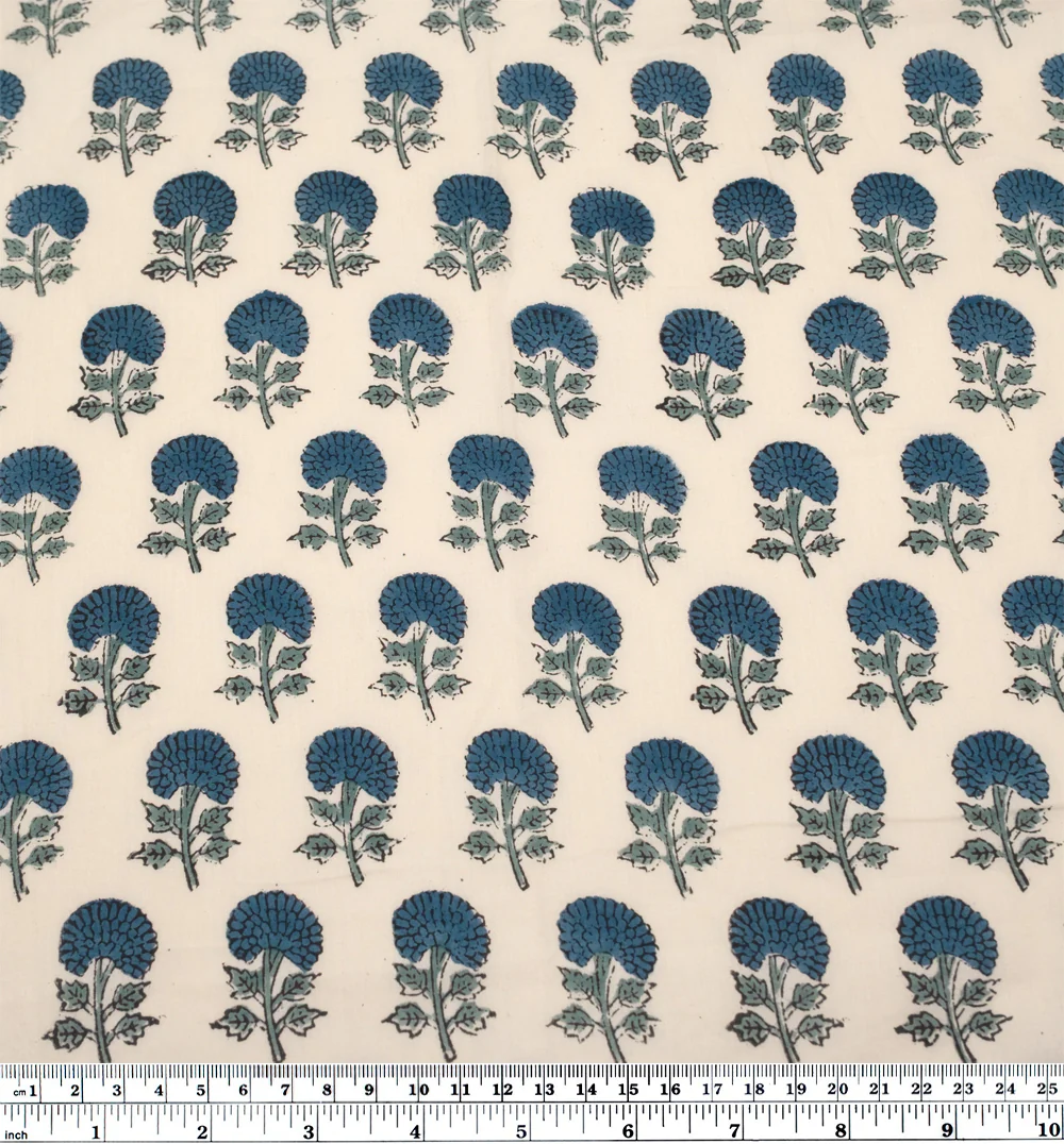 Bloom Block Printed Organic Cotton Batiste - Parchment/Ocean/Dusty Jade - Image 3
