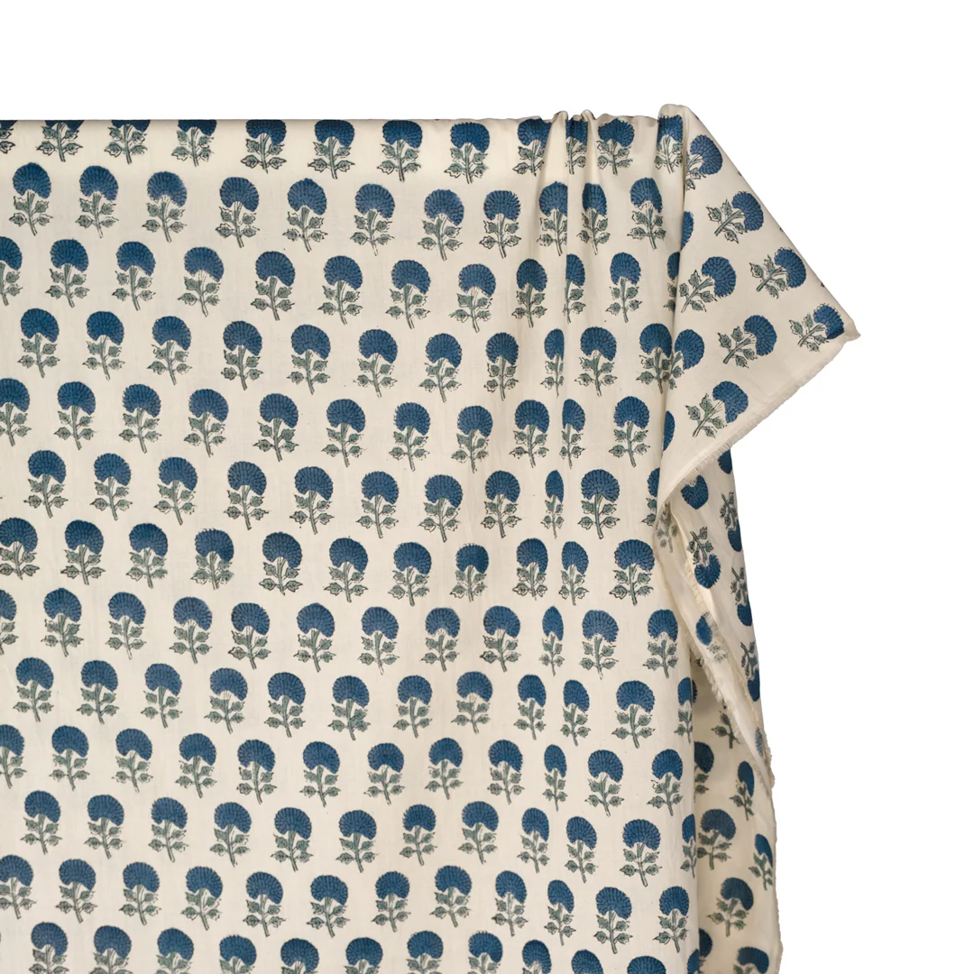 Bloom Block Printed Organic Cotton Batiste - Parchment/Ocean/Dusty Jade - Image 4