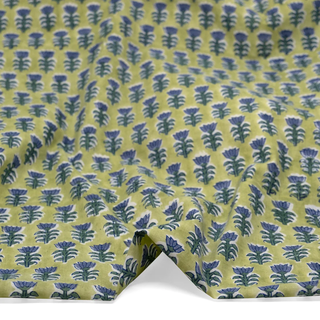 Bloom Block Printed Organic Cotton Batiste - Peashoot/Sage/Denim