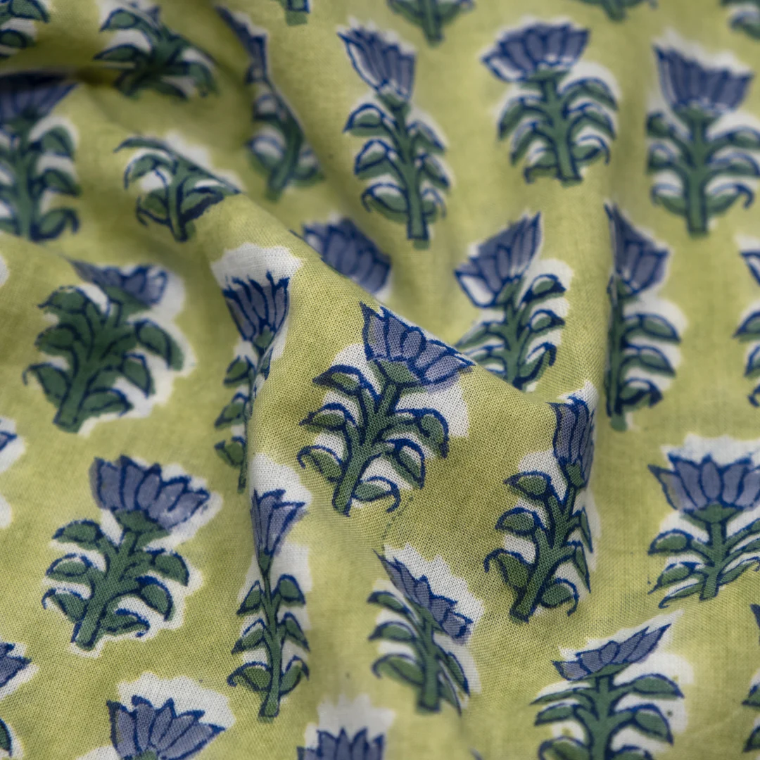 Bloom Block Printed Organic Cotton Batiste - Peashoot/Sage/Denim - Image 2