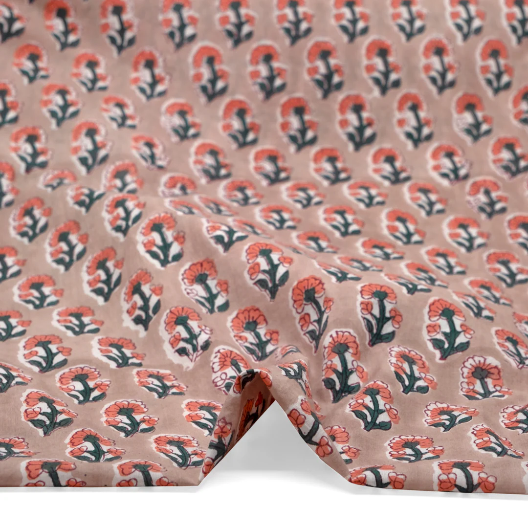 Bloom Block Printed Organic Cotton Batiste - Pebble/Coral/Jade