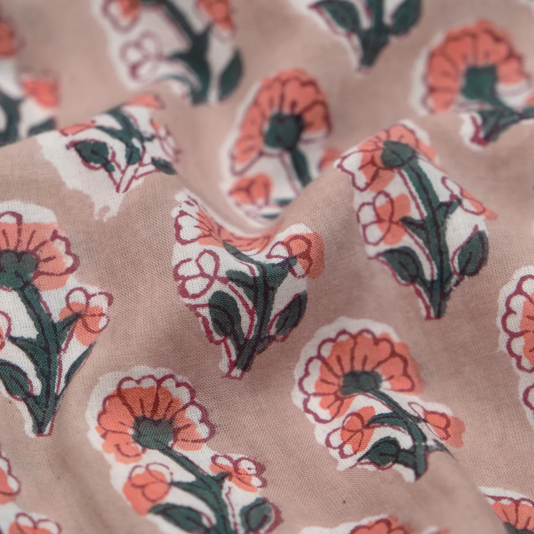 Bloom Block Printed Organic Cotton Batiste - Pebble/Coral/Jade - Image 2