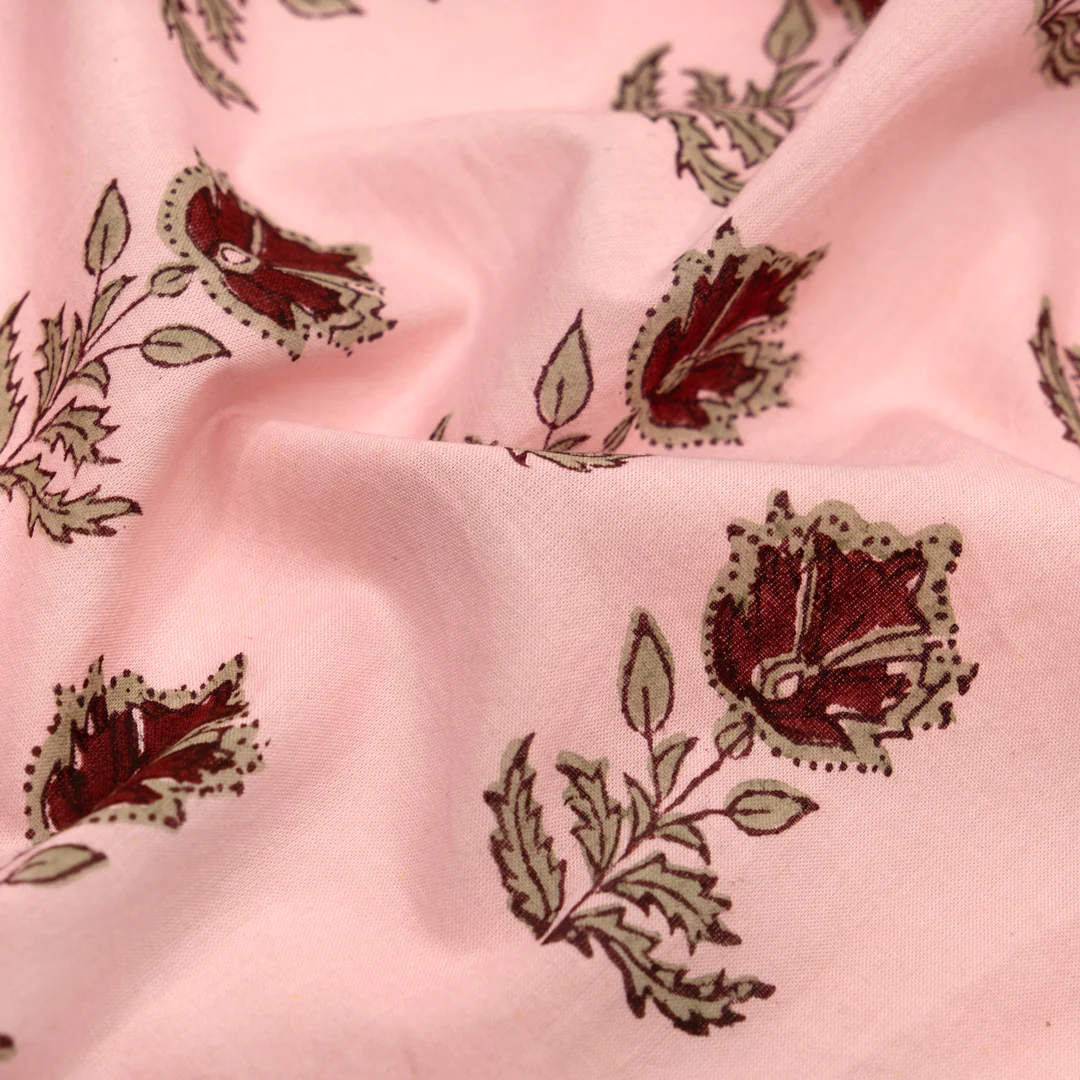 Bloom Block Printed Organic Cotton Batiste - Petal/Flax/Maroon