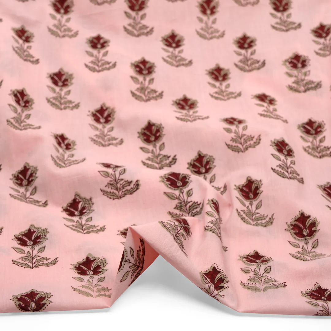 Bloom Block Printed Organic Cotton Batiste - Petal/Flax/Maroon - Image 2