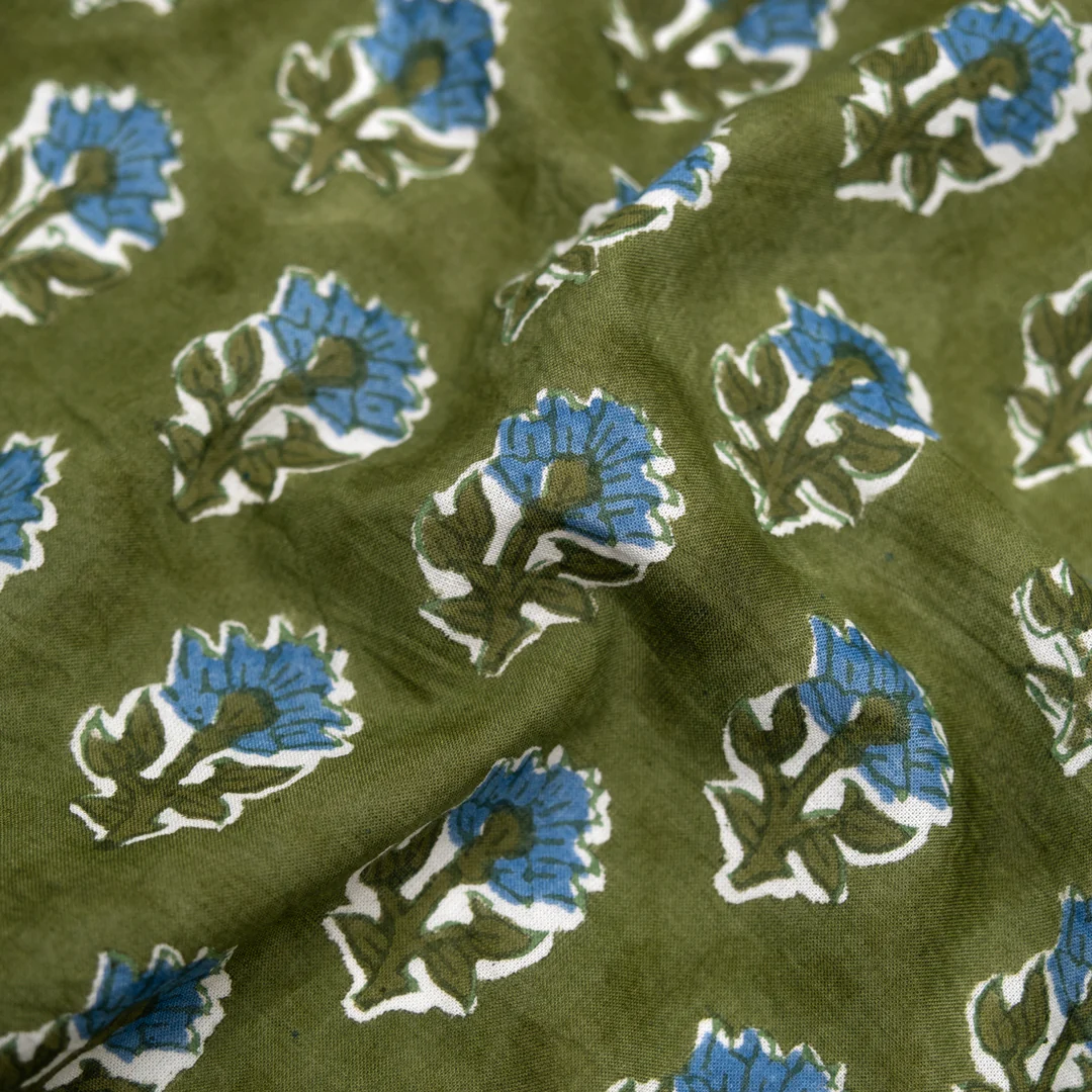 Bloom Block Printed Organic Cotton Batiste - Pickle/Pacific