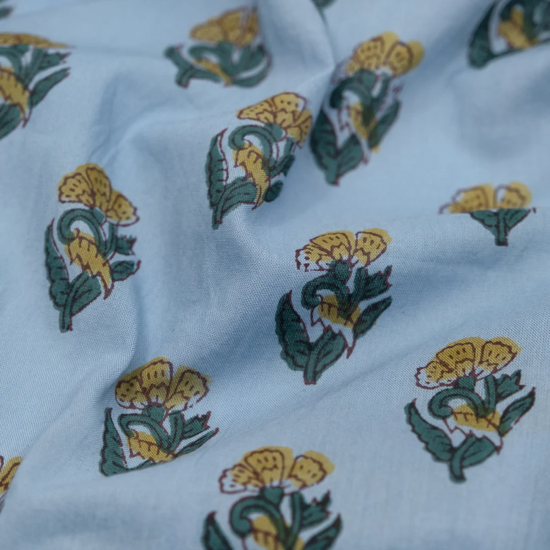Bloom Block Printed Organic Cotton Batiste - Pond/Mallard/Hay