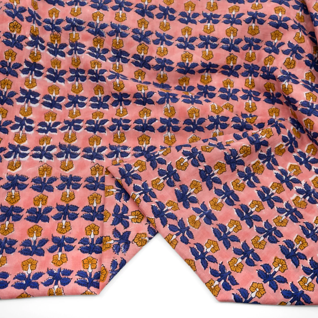 Bloom Block Printed Organic Cotton Batiste - Rose/Cobalt