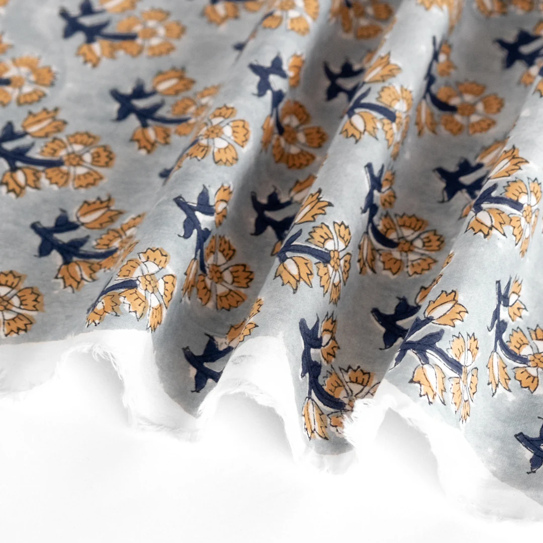 Bloom Block Printed Organic Cotton Batiste - Seaglass/Wheat - Image 3
