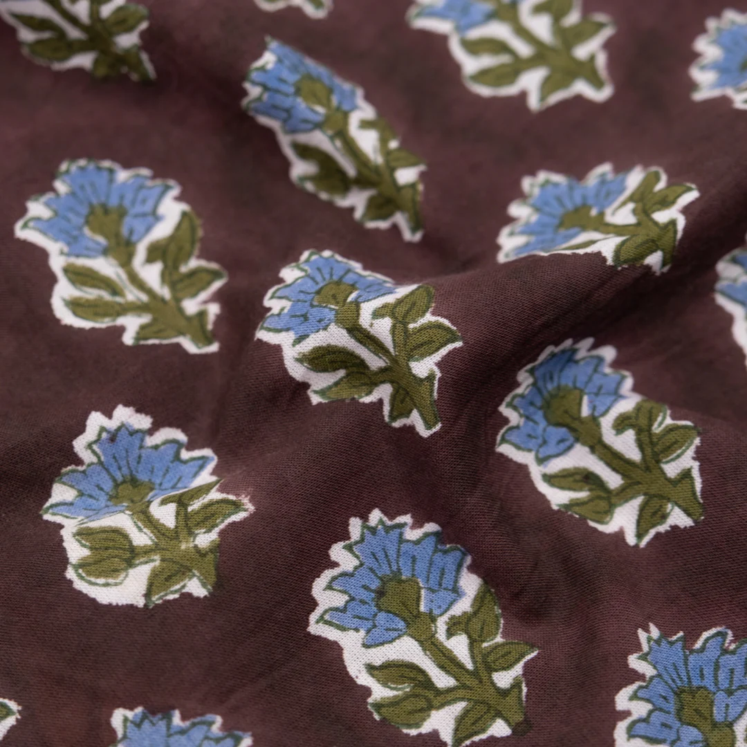 Bloom Block Printed Organic Cotton Batiste - Shadow/Pickle/Cornflower