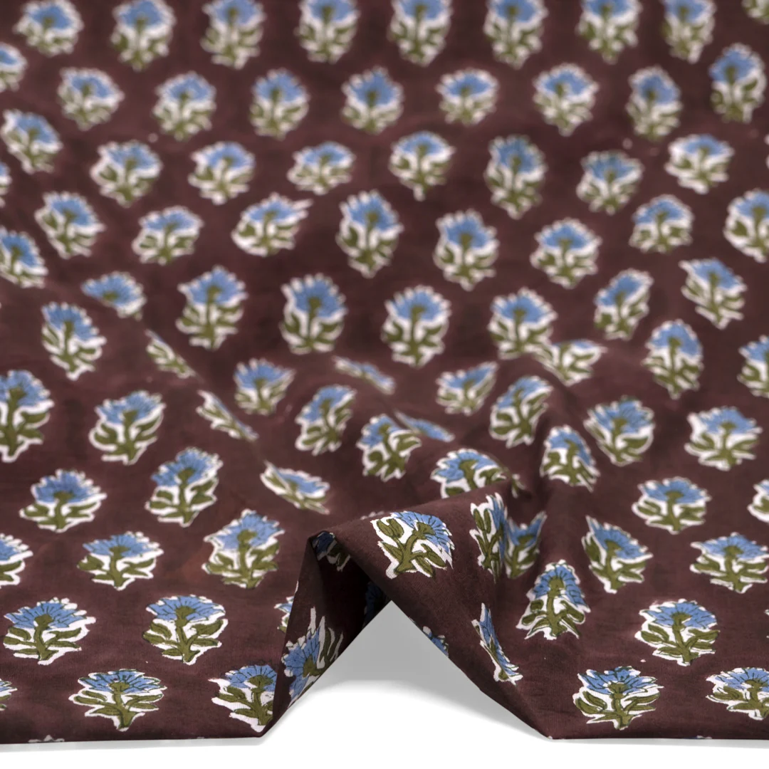 Bloom Block Printed Organic Cotton Batiste - Shadow/Pickle/Cornflower - Image 2