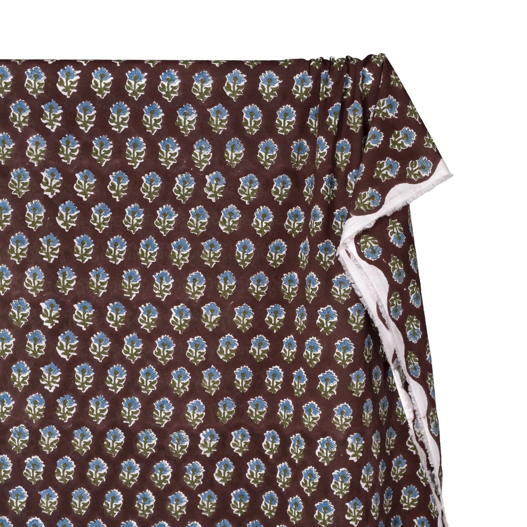 Bloom Block Printed Organic Cotton Batiste - Shadow/Pickle/Cornflower - Image 4