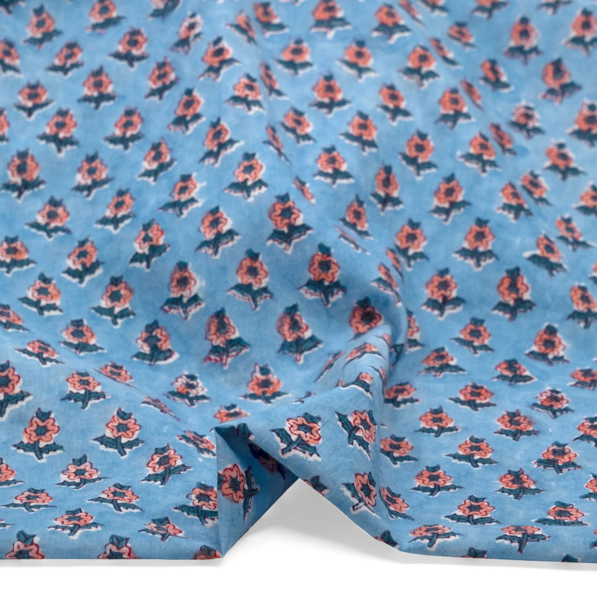 Bloom Block Printed Organic Cotton Batiste - Sky Blue/Ocean/Coral