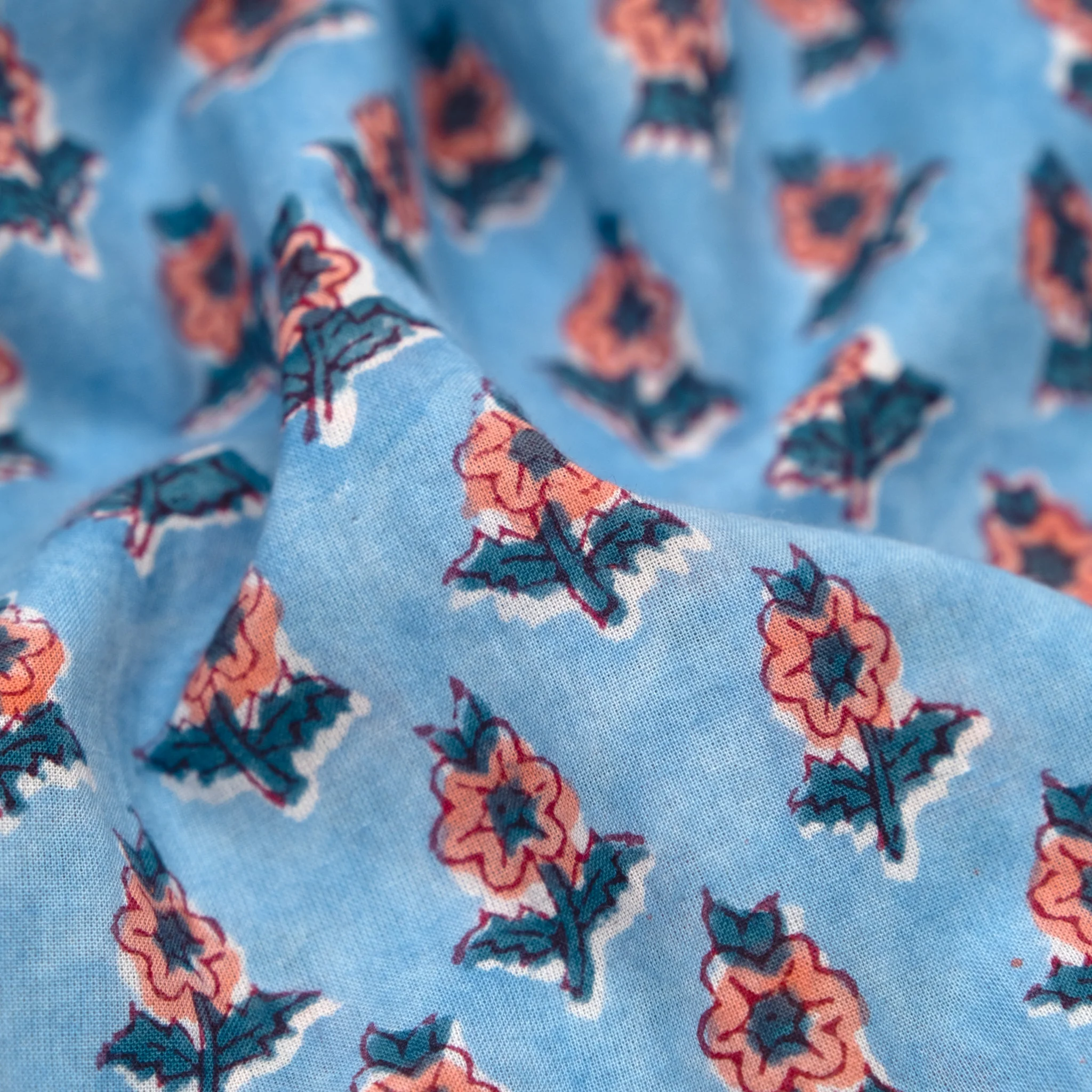 Bloom Block Printed Organic Cotton Batiste - Sky Blue/Ocean/Coral - Image 2