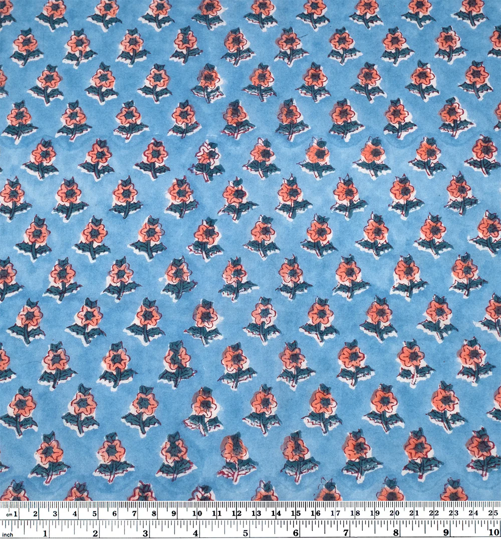 Bloom Block Printed Organic Cotton Batiste - Sky Blue/Ocean/Coral - Image 3